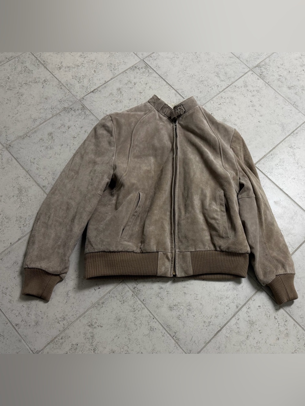 JC Penny The Fox Collection Taupe Fleece Lined Suede Bomber Jacket size L
